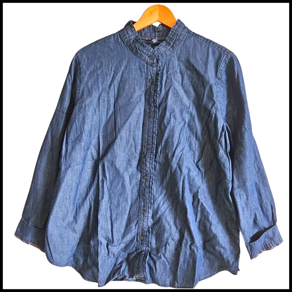 IZOD Denim Shirt Ruffle Collar Long Sleeve Button Down Top XXL NWT